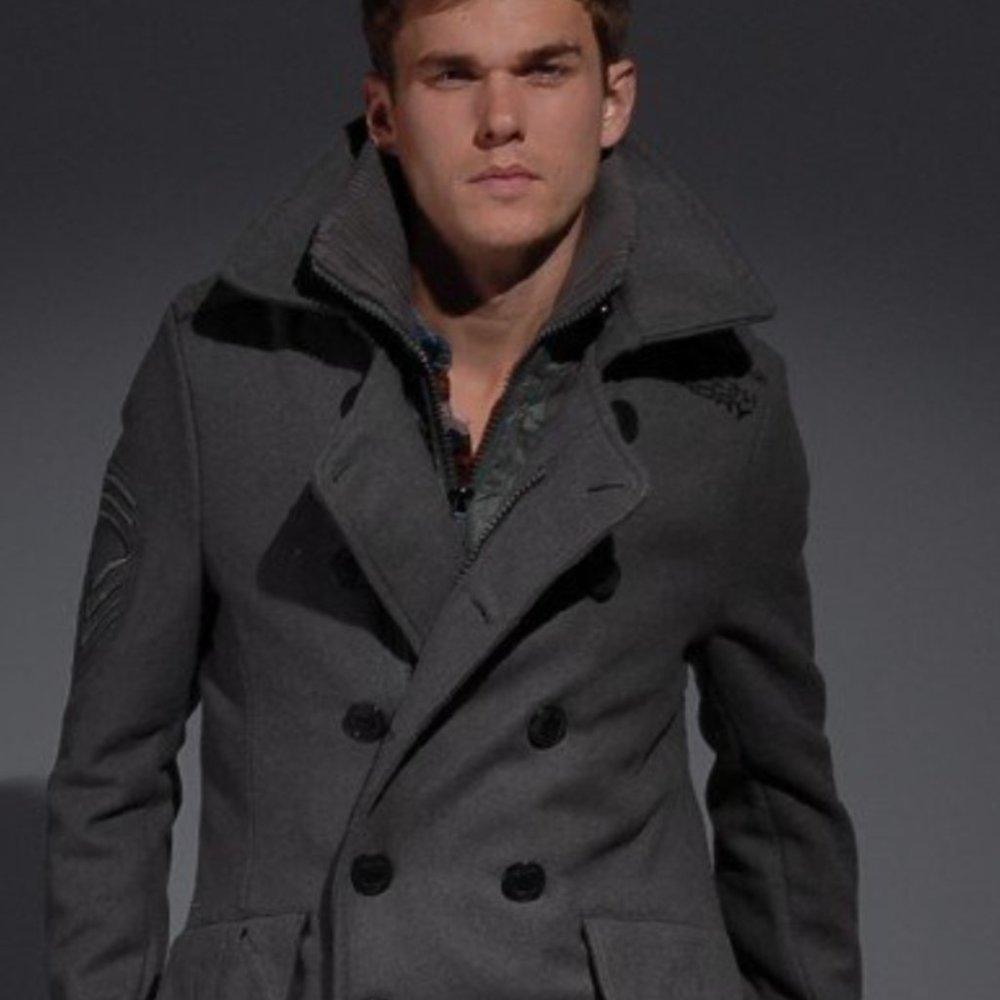 Men's Superdry Classic double breasted GRAY Pea Coat jacket  SZ LG